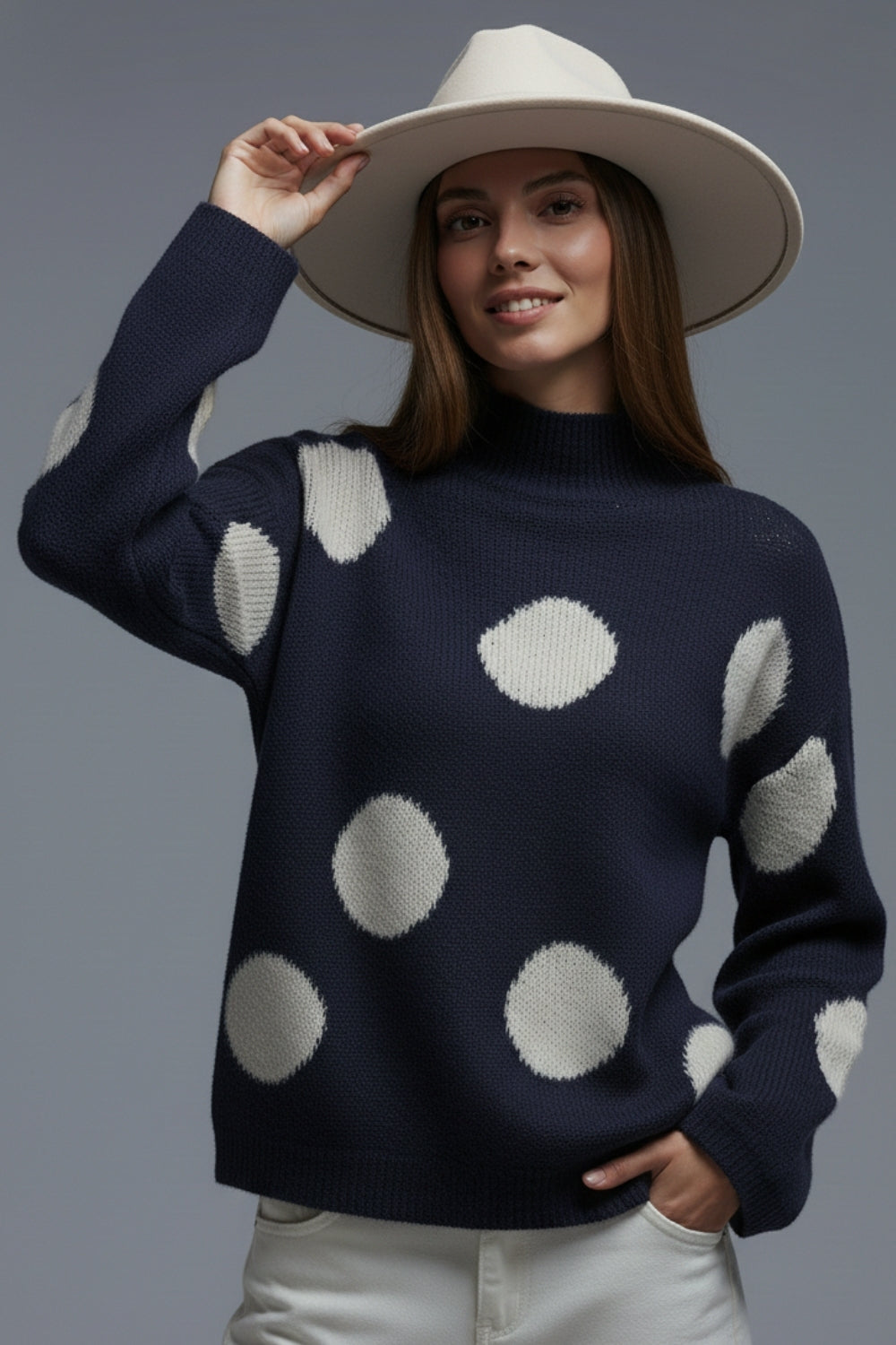 High-Neck Polka Dot Sweater With Bell Sleeves in navy