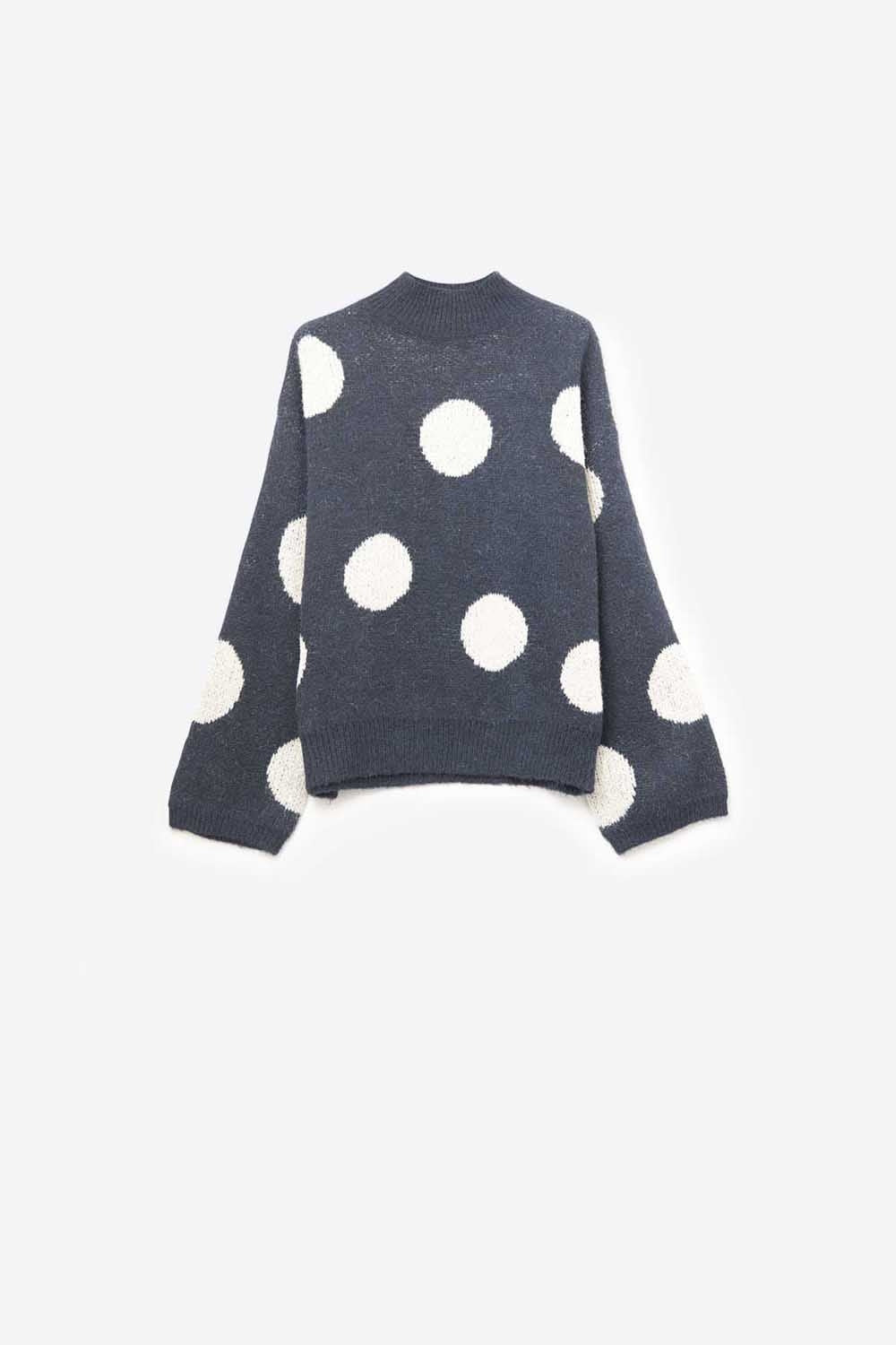 High-Neck Polka Dot Sweater With Bell Sleeves in navy