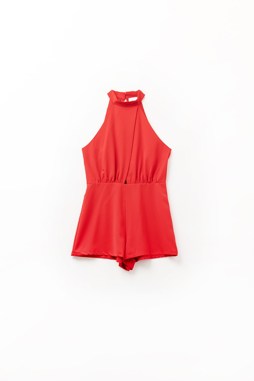 Q2 High Neck red romper with Front Pleat Detail