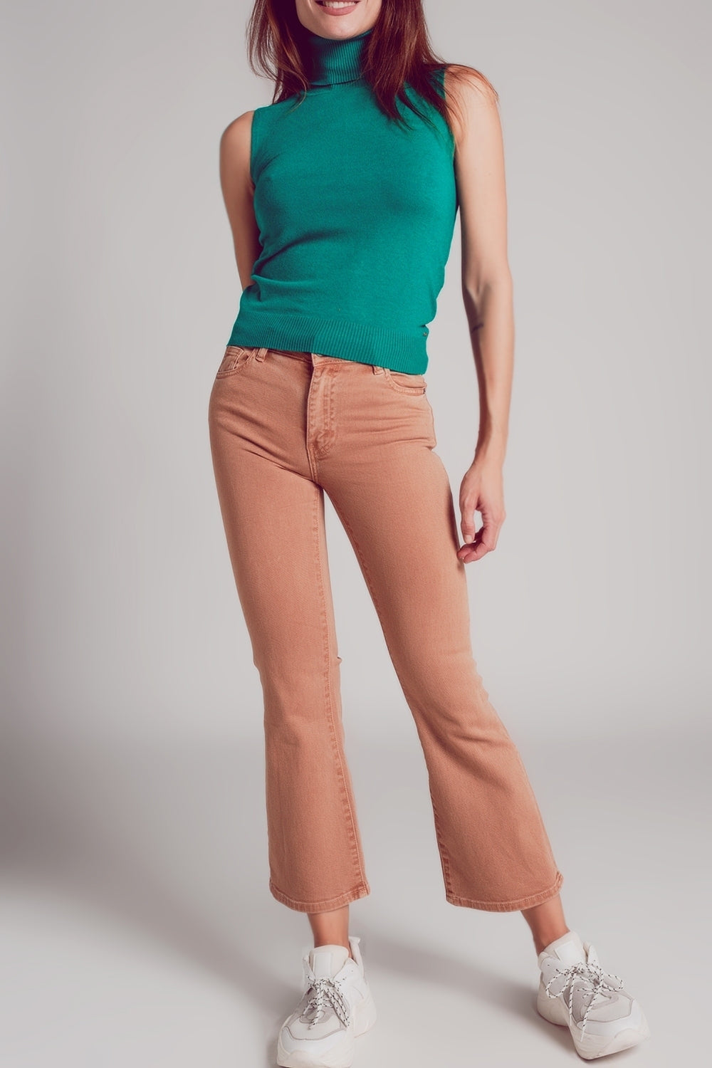 Calça de ganga flare de cintura alta em camel
