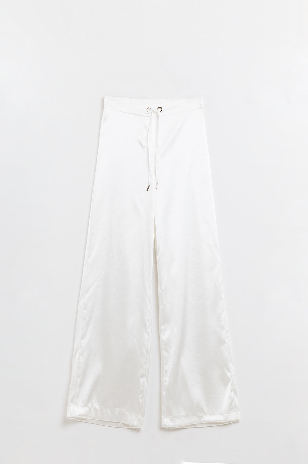 Q2 High Waist White Satin Wide Leg Pants with Drawstring
