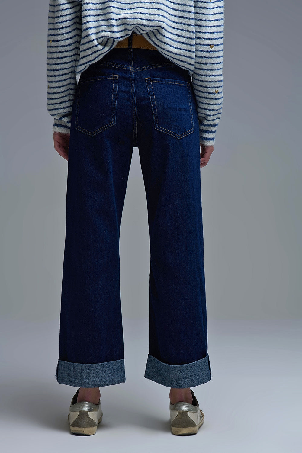 High-Waisted Dark Blue wide leg Jeans with Folded Hems