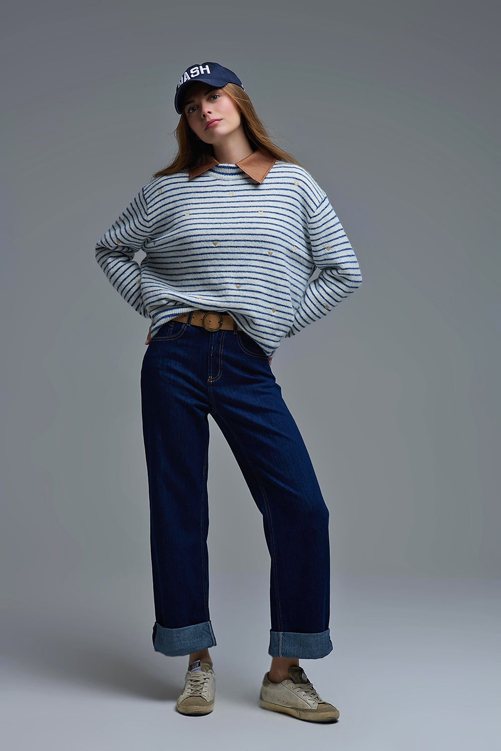 High-Waisted Dark Blue wide leg Jeans with Folded Hems