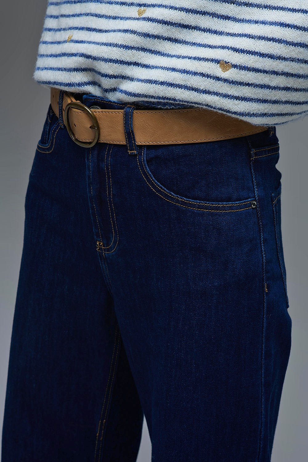 High-Waisted Dark Blue wide leg Jeans with Folded Hems