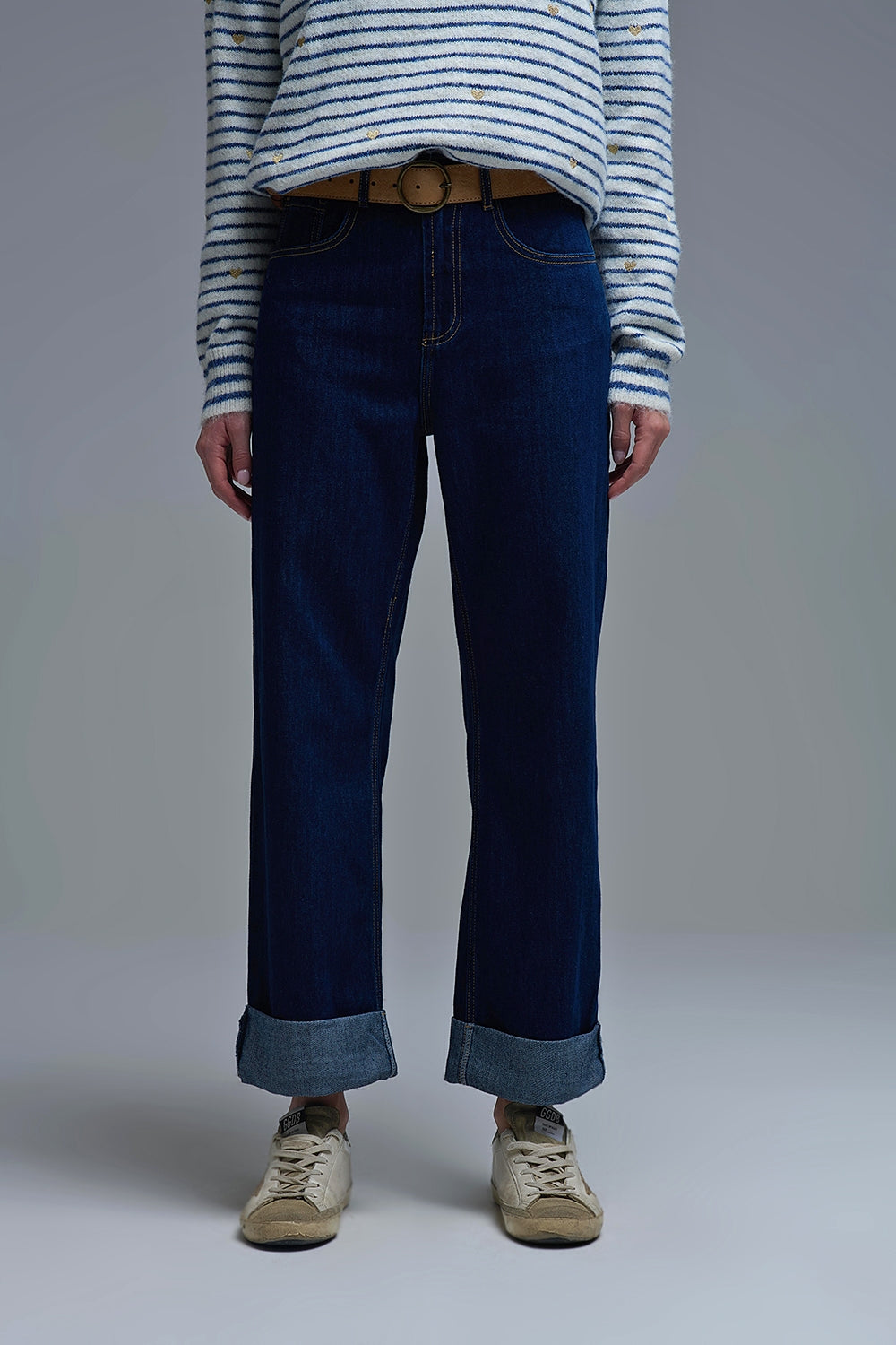 Q2 High-Waisted Dark Blue wide leg Jeans with Folded Hems