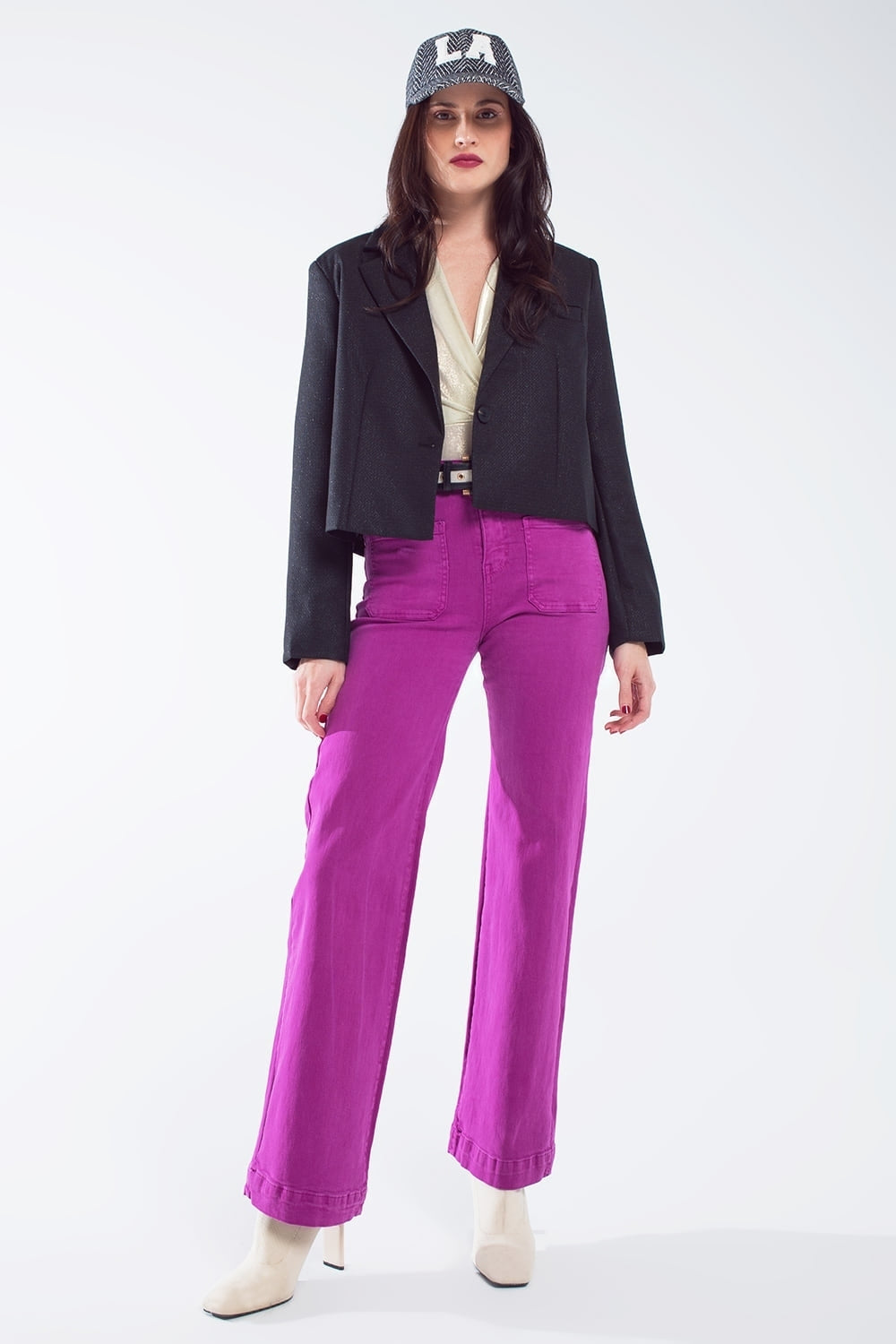 flared jeans met hoge taille en zakken aan de voorkant in magenta