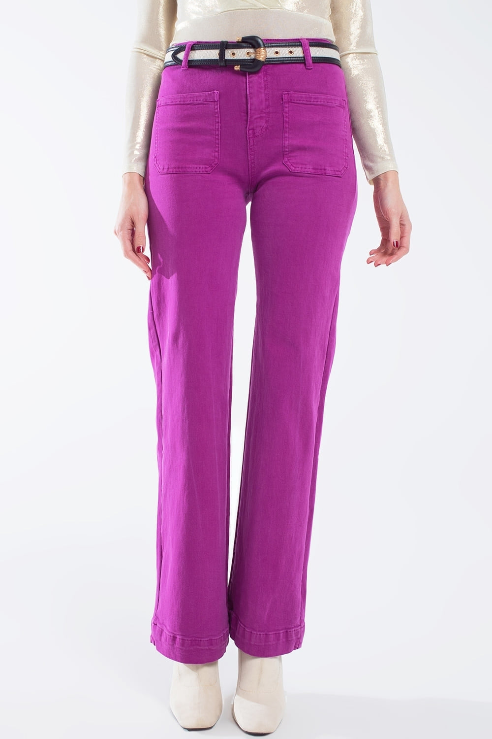 flared jeans met hoge taille en zakken aan de voorkant in magenta