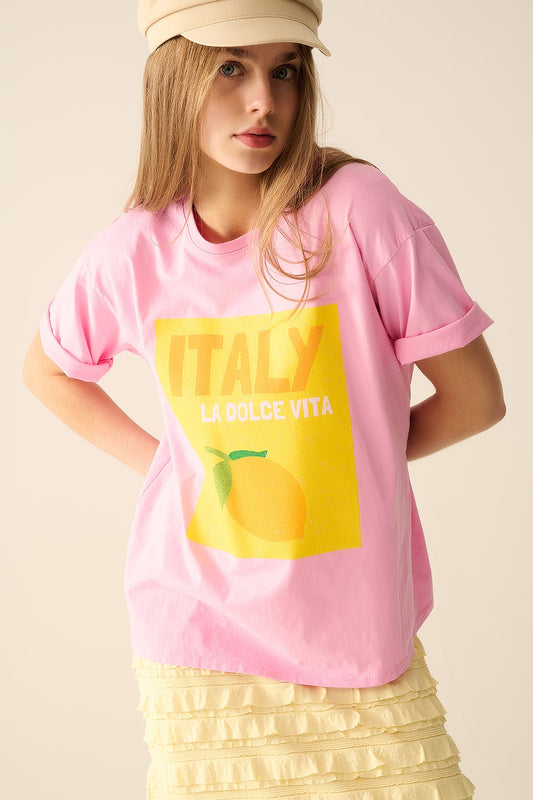 Italy La Dolce Vita Baby Pink T-shirt With Graphic Print