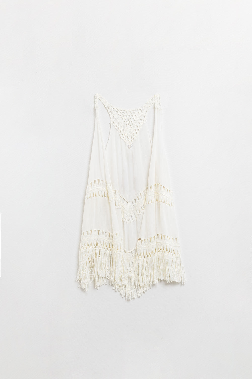 Q2 Ivory Crochet Fringed Kimono