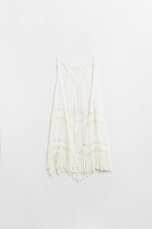 Q2 Ivory Crochet Fringed Kimono