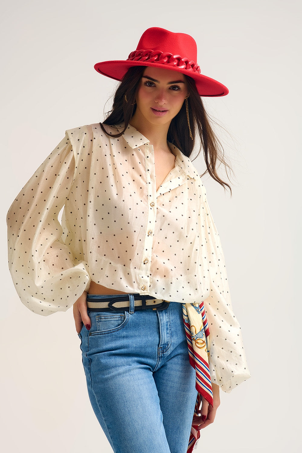 Ivory Polka Dot Silk Blouse with Balloon Sleeves and Gold Buttons