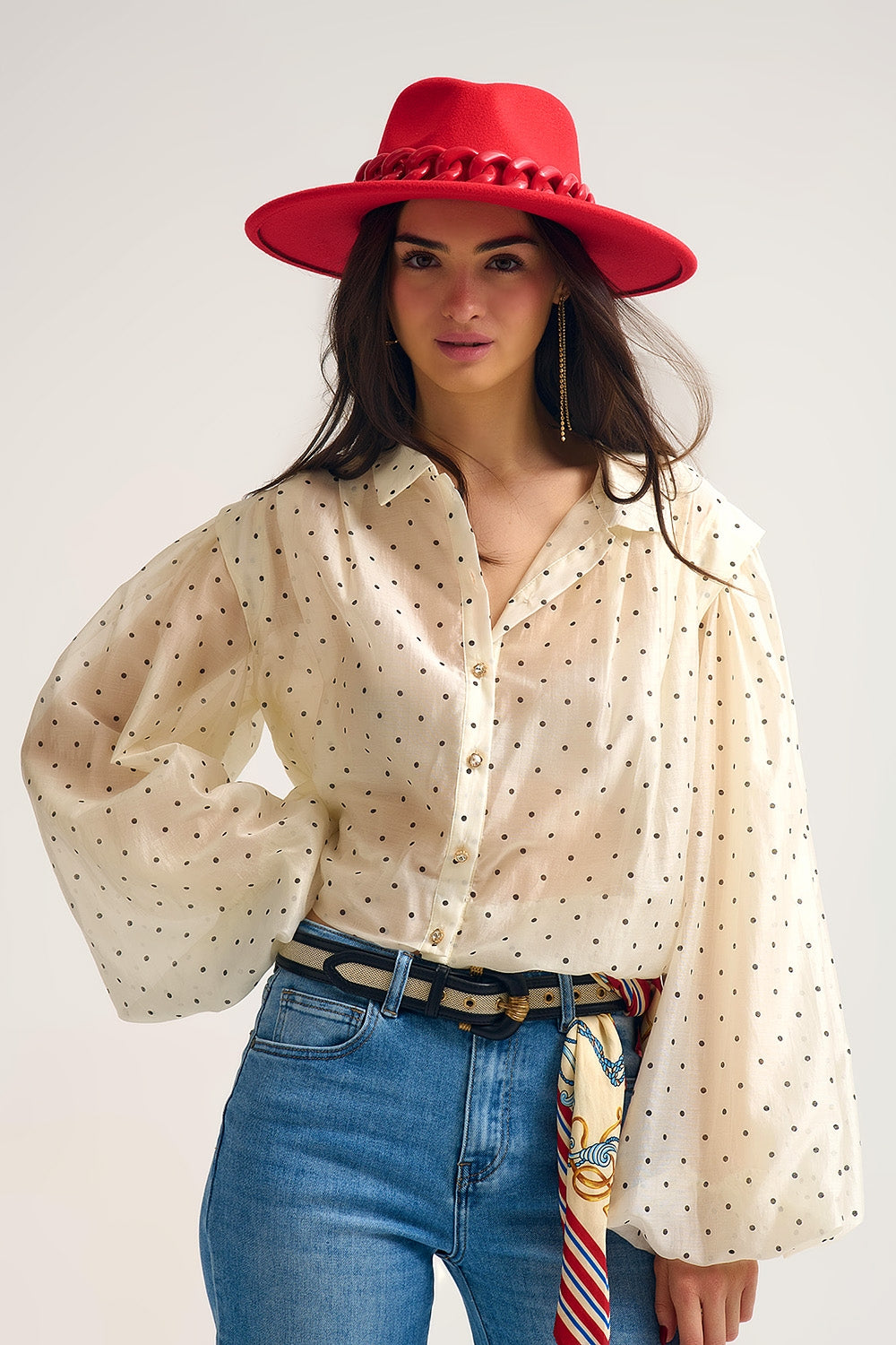 Q2 Ivory Polka Dot Silk Blouse with Balloon Sleeves and Gold Buttons