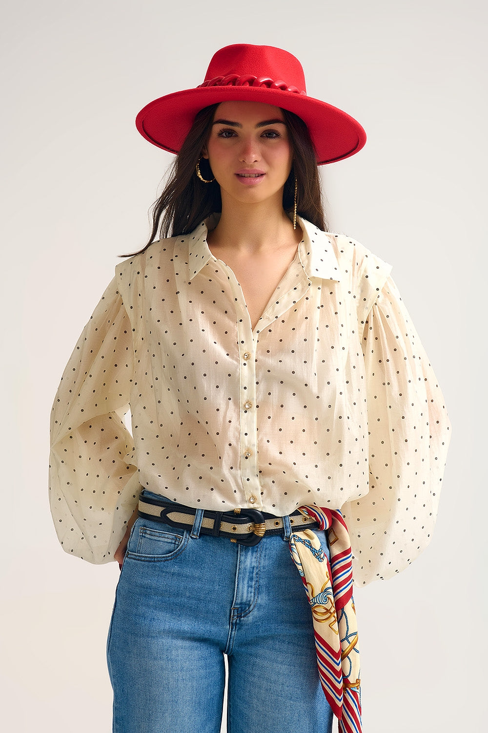 Ivory Polka Dot Silk Blouse with Balloon Sleeves and Gold Buttons