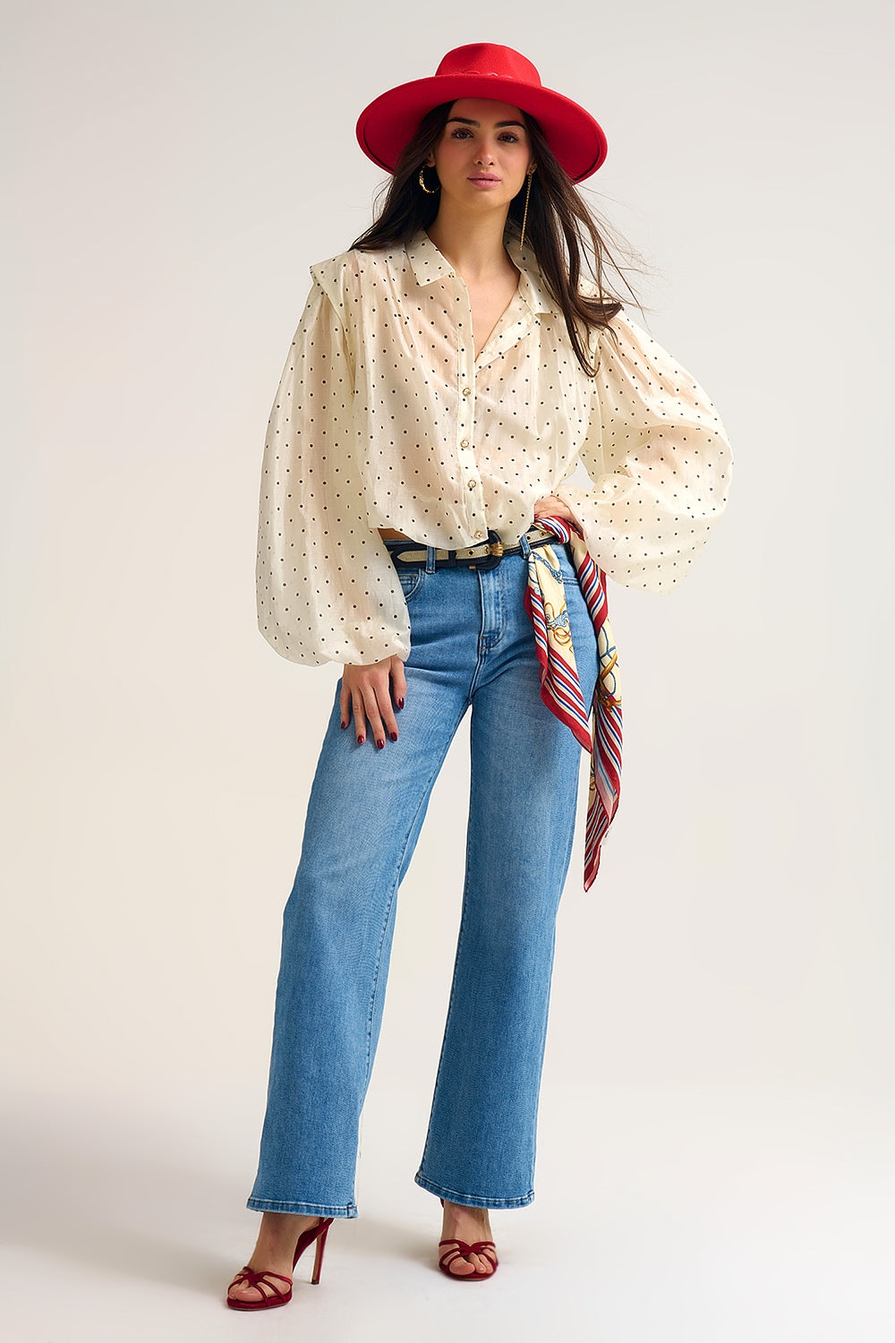 Ivory Polka Dot Silk Blouse with Balloon Sleeves and Gold Buttons