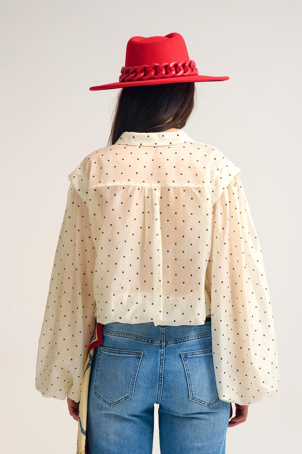 Ivory Polka Dot Silk Blouse with Balloon Sleeves and Gold Buttons