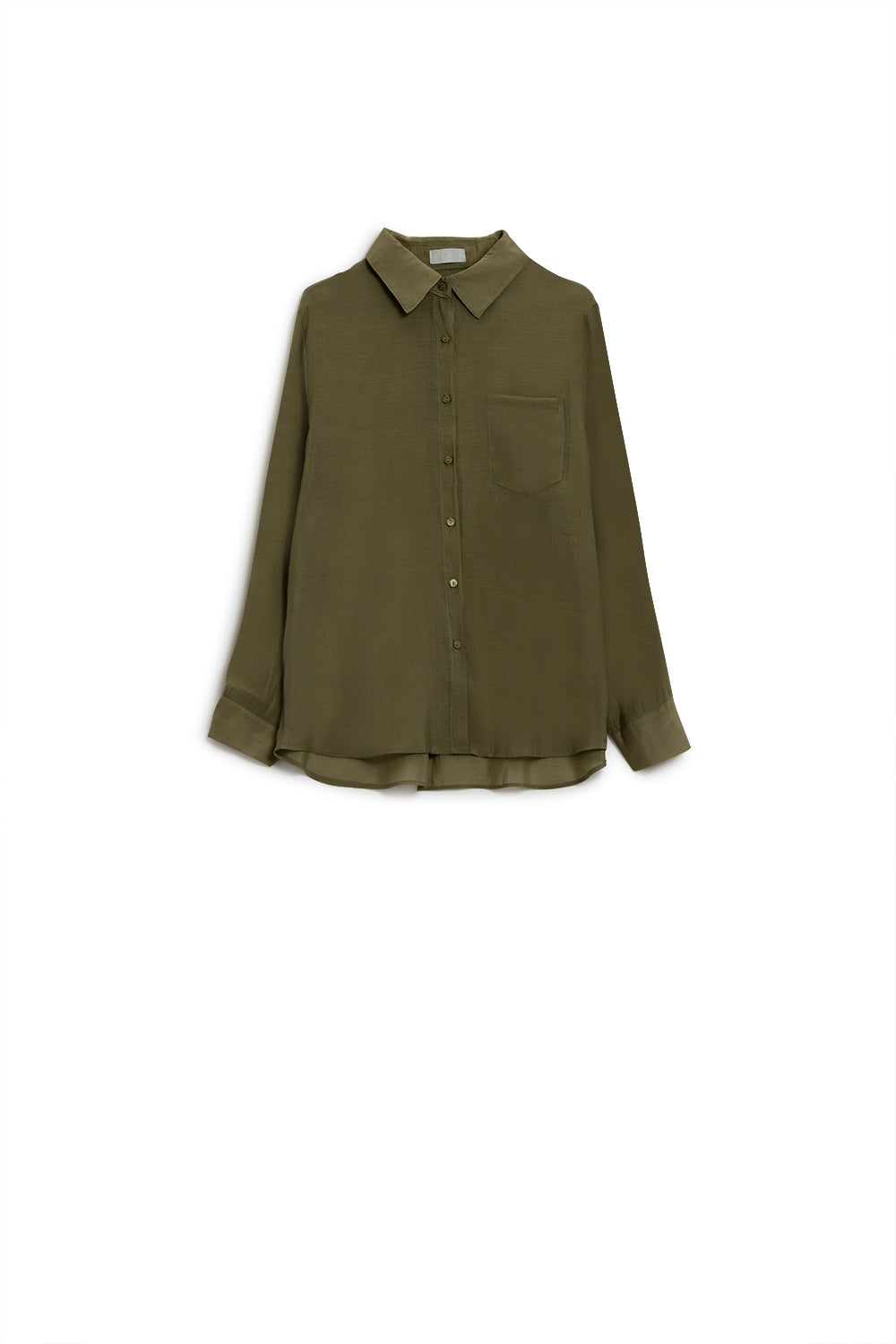 Camisa de chiffon caqui com mangas compridas e um bolso no peito