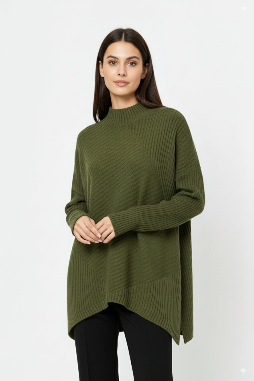 Khaki Asymmetric Ribbed Knit Sweater Tunic