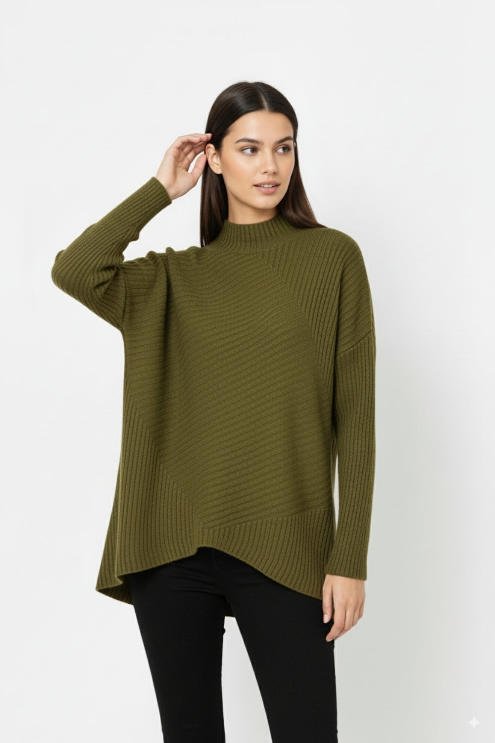 Khaki Asymmetric Ribbed Knit Sweater Tunic
