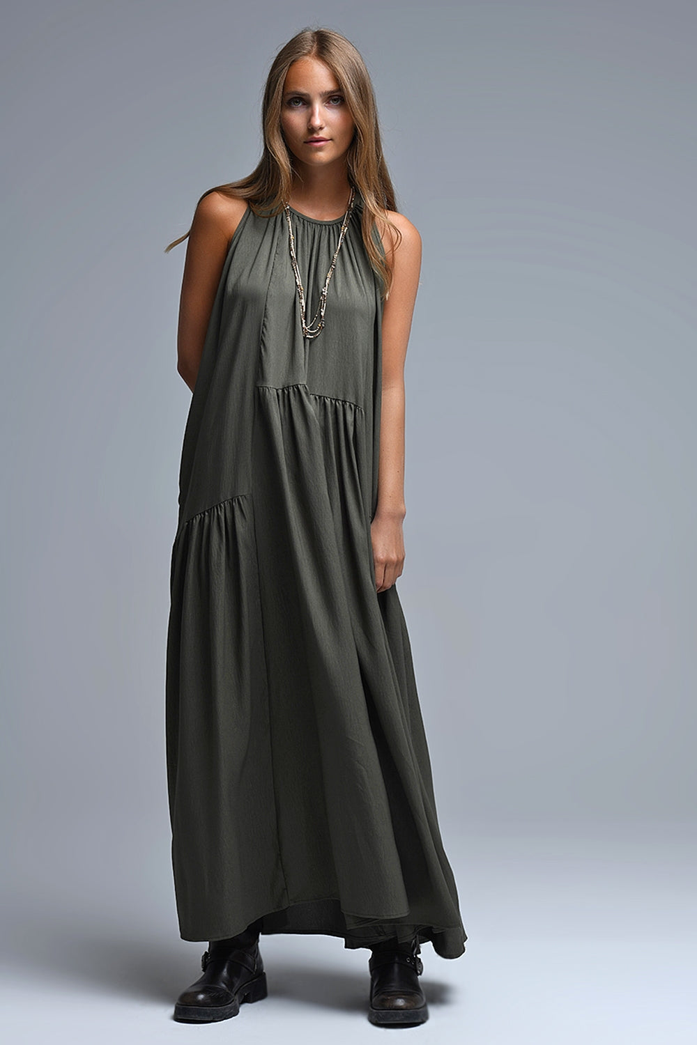 Khaki Halter Neck Maxi Dress With Seam Detailing