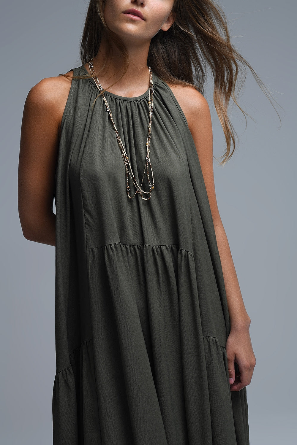 Khaki Halter Neck Maxi Dress With Seam Detailing