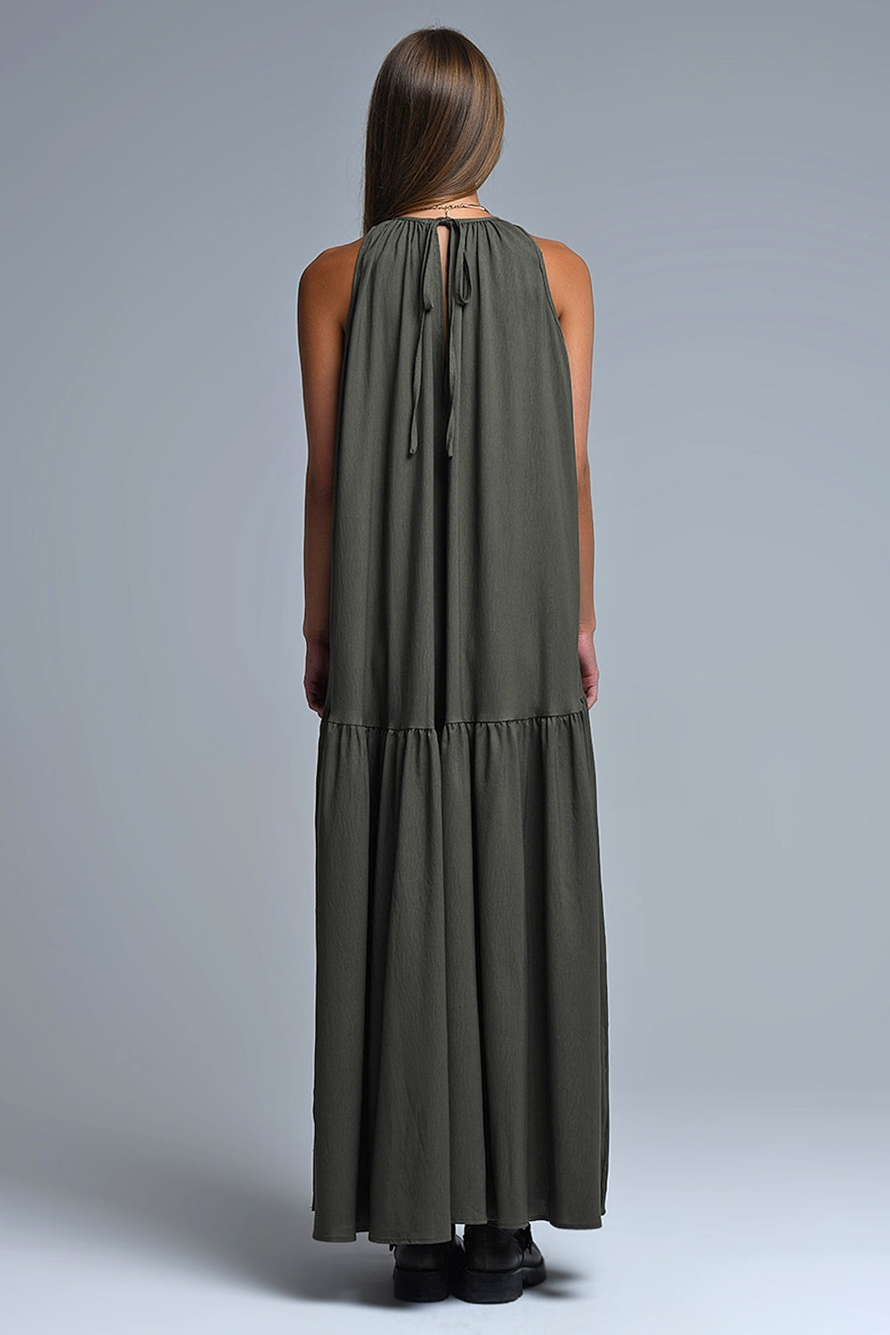 Khaki Halter Neck Maxi Dress With Seam Detailing
