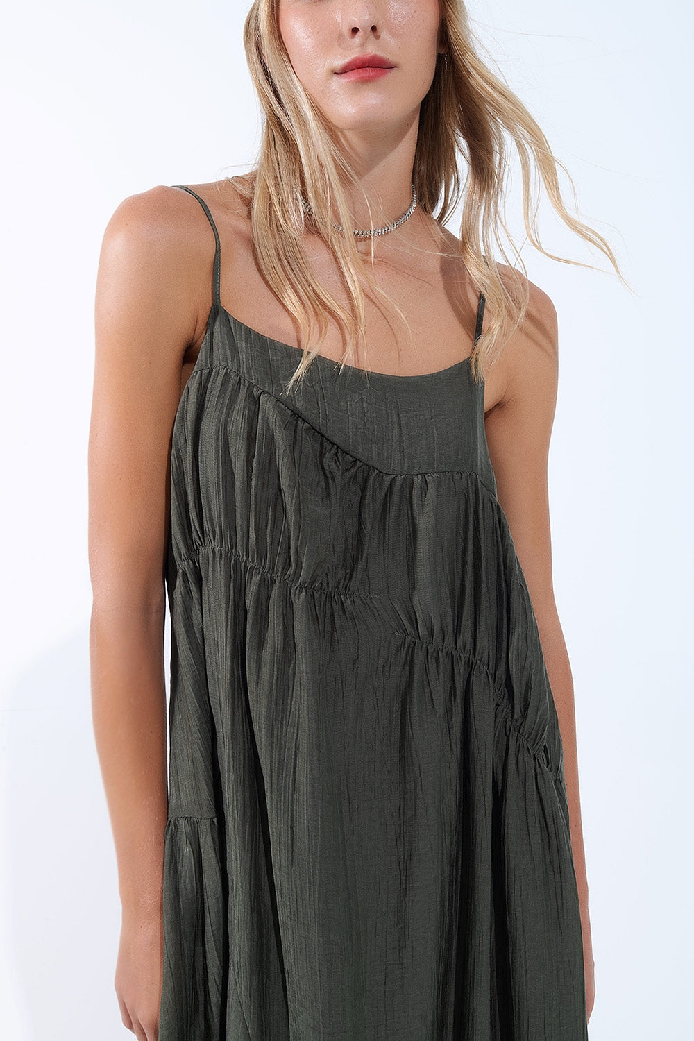 Khaki Midi Dress with Thin Straps and Crinkled Detail