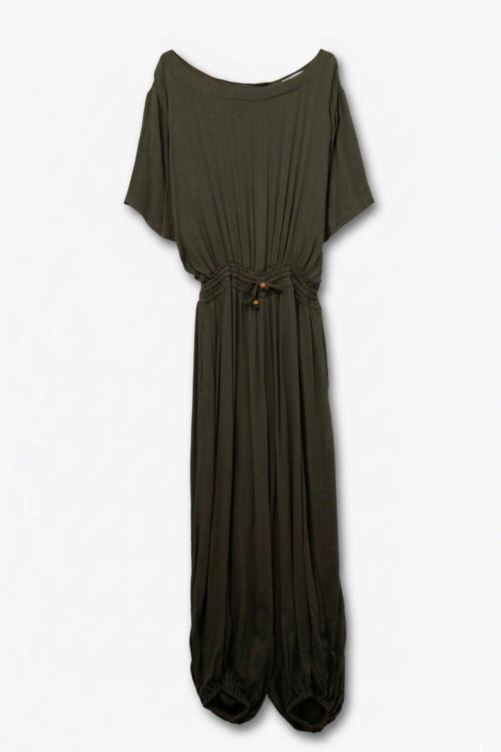 Q2 Khaki Off-the-Shoulder Maxi jumpsuit with Lace Detailing