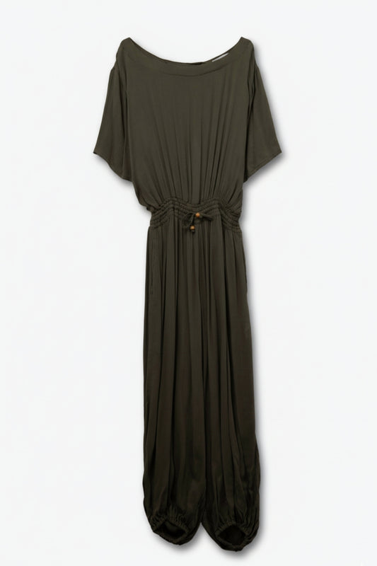Q2 Khaki Off-the-Shoulder Maxi jumpsuit with Lace Detailing