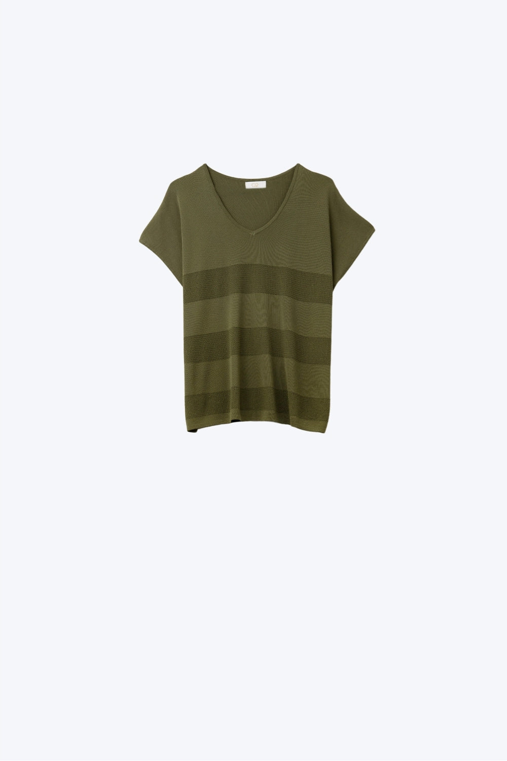 Q2 Khaki V-neck knit sweater with open stitch detail