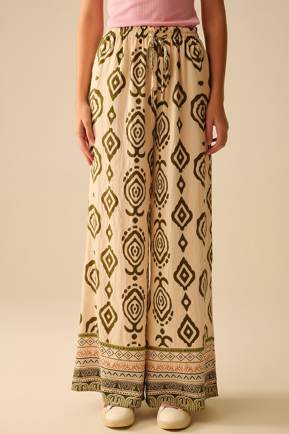 Q2 Khaki wide leg boho print pants