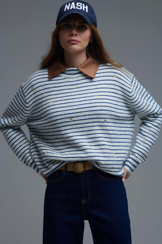 Q2 Knit Sweater with Blue Stripes and gold Heart embroidered