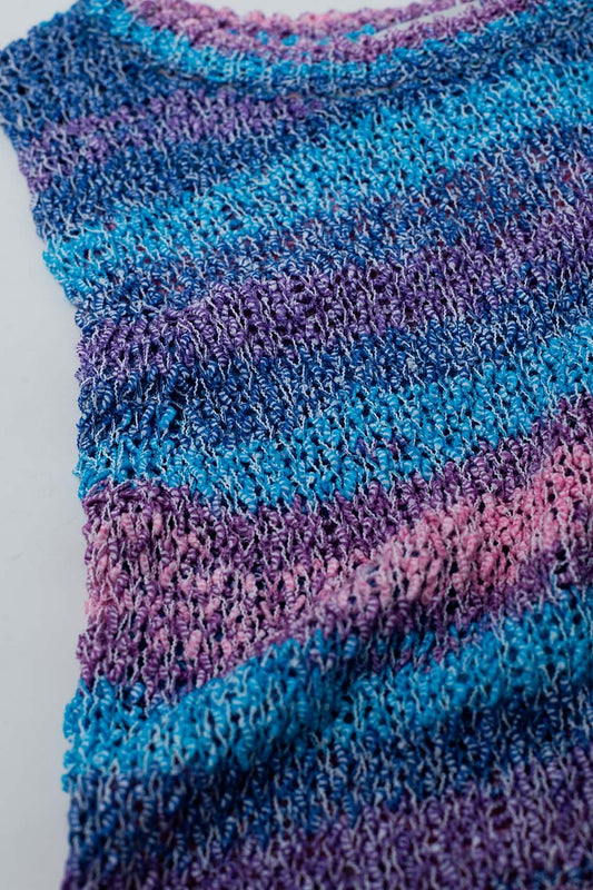 Knitted Dark Multicolor Sleeveless Sweater With Stripes and Crew Neckline