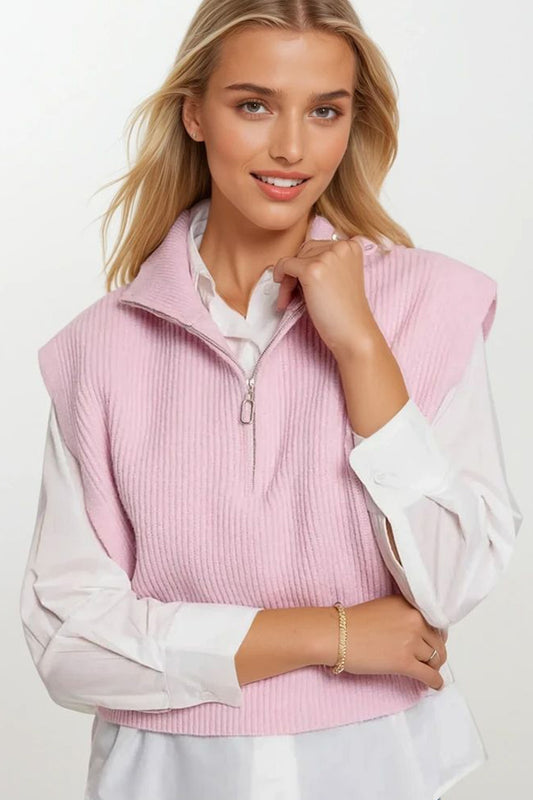 Q2 Knitted Vest with High Half-Zip Collar and Large Armholes in pink