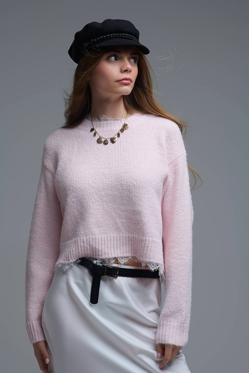 Lace Detail Relaxed Pink Sweater