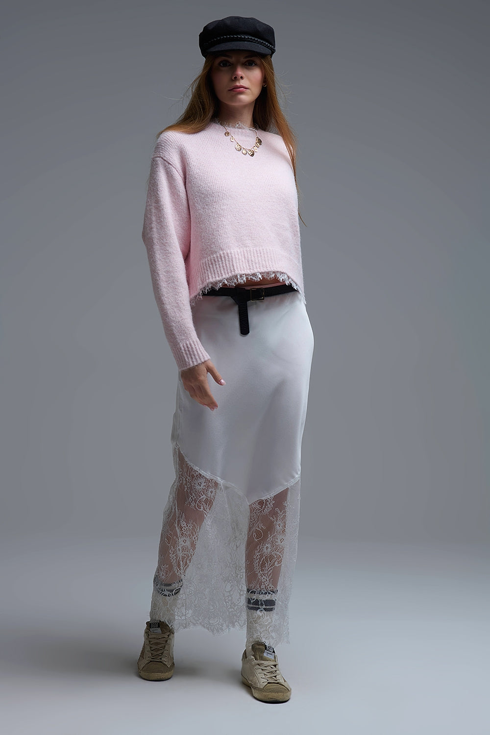Lace Detail Relaxed Pink Sweater