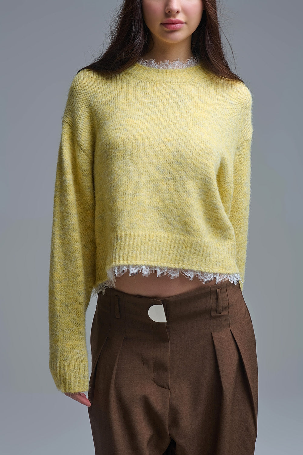 Lace Detail Relaxed Yellow Sweater