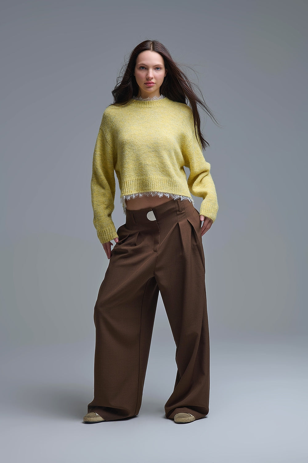 Lace Detail Relaxed Yellow Sweater