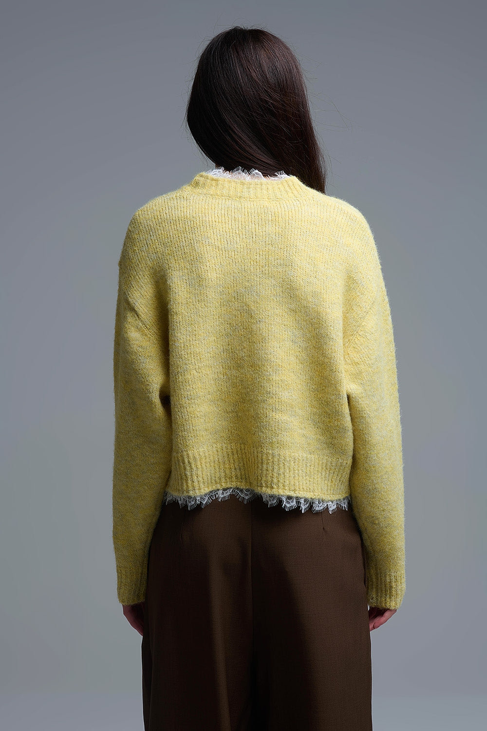 Lace Detail Relaxed Yellow Sweater