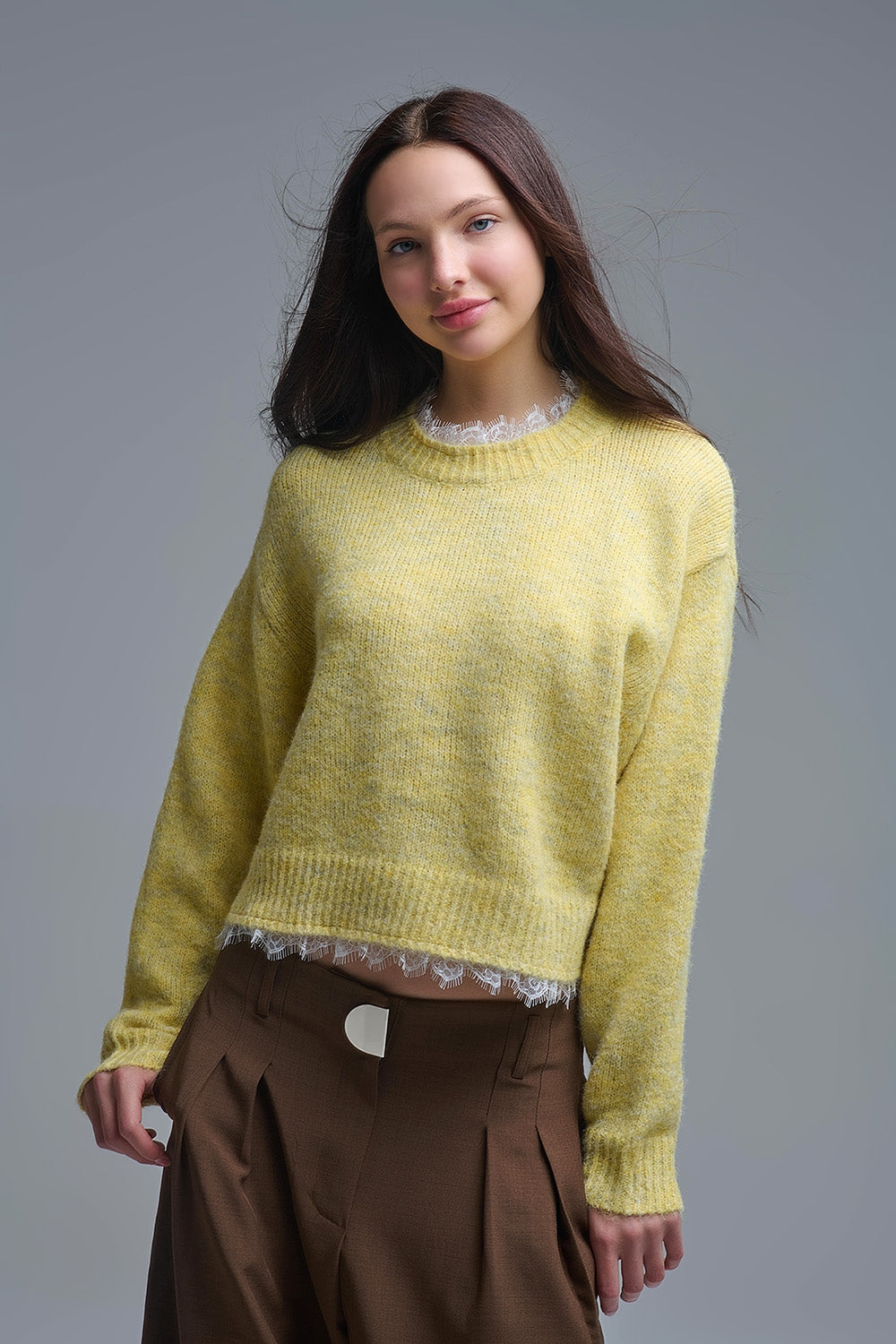 Lace Detail Relaxed Yellow Sweater