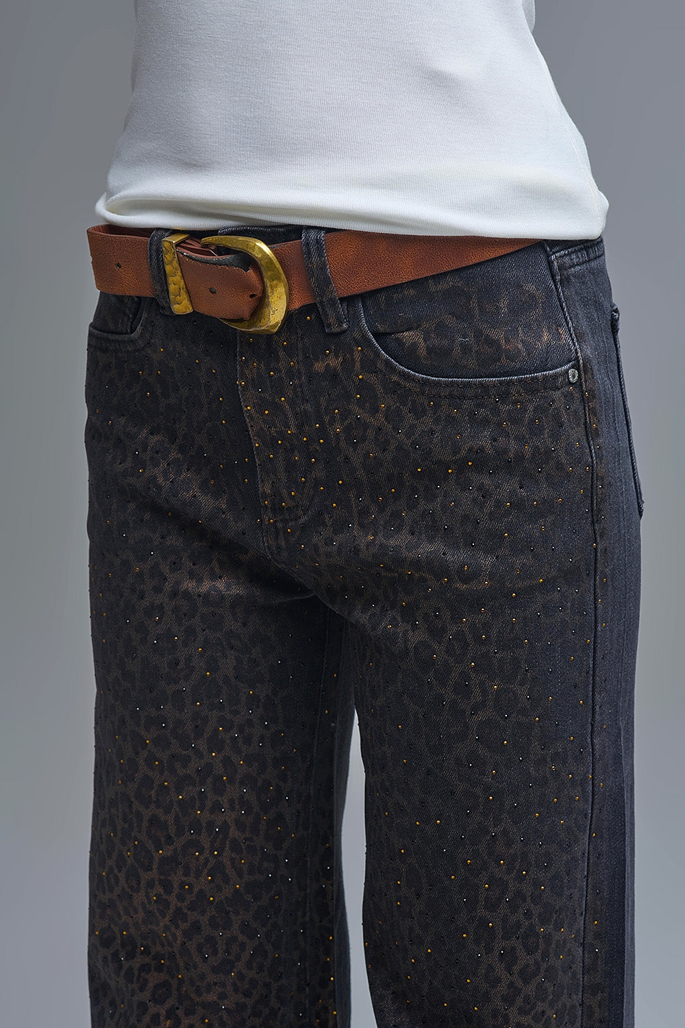 Leopard Print Black Straight-Leg Jeans with strass detail