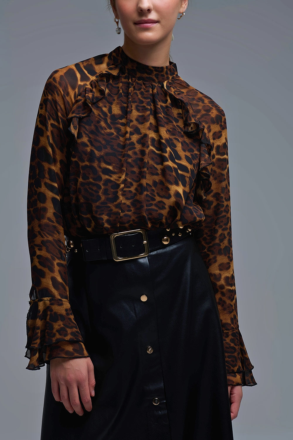 Leopard Print Blouse with Ruffle Details in chiffon
