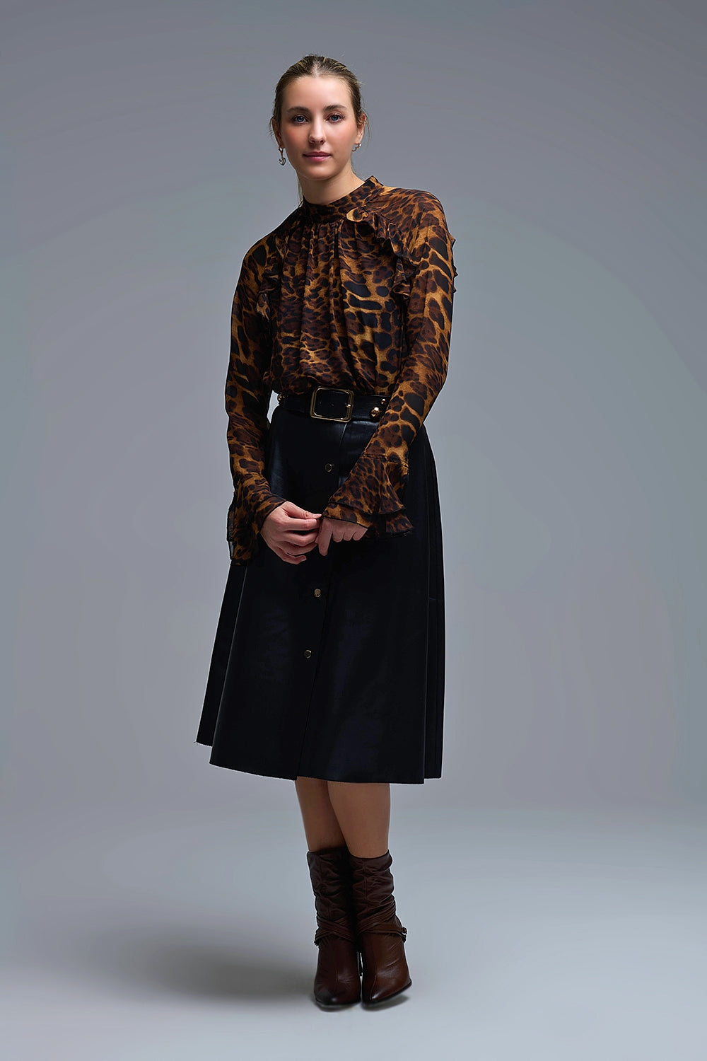 Leopard Print Blouse with Ruffle Details in chiffon