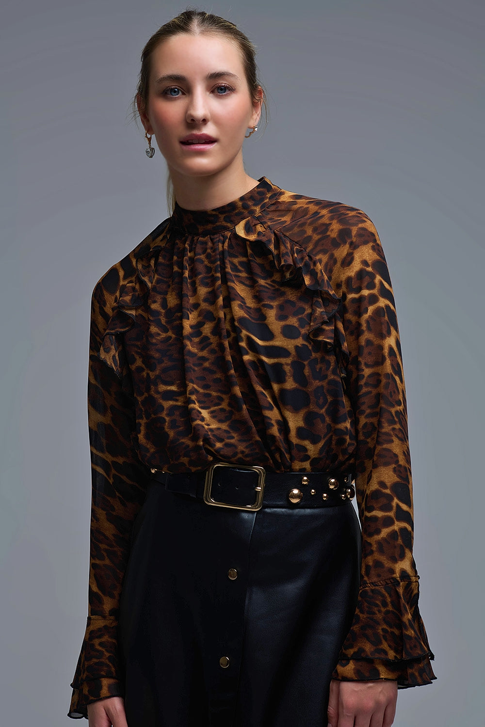 Q2 Leopard Print Blouse with Ruffle Details in chiffon