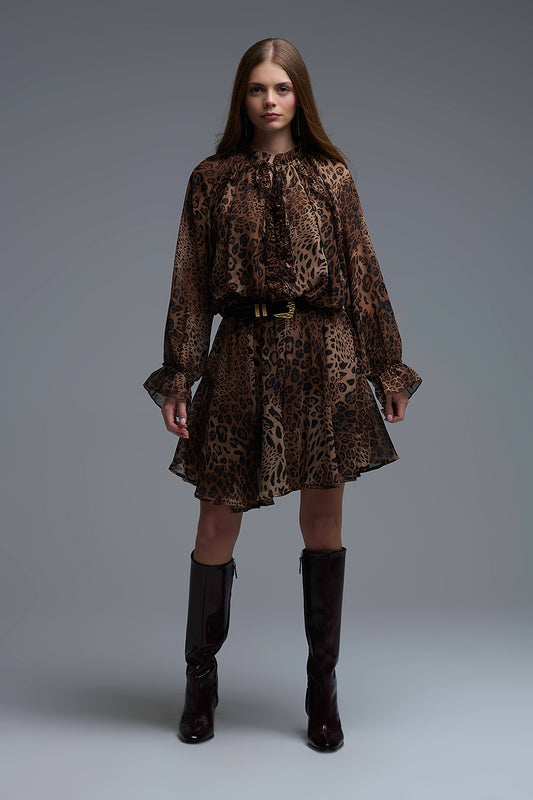 Q2 Leopard Print Chiffon Mini Dress with ruffle details