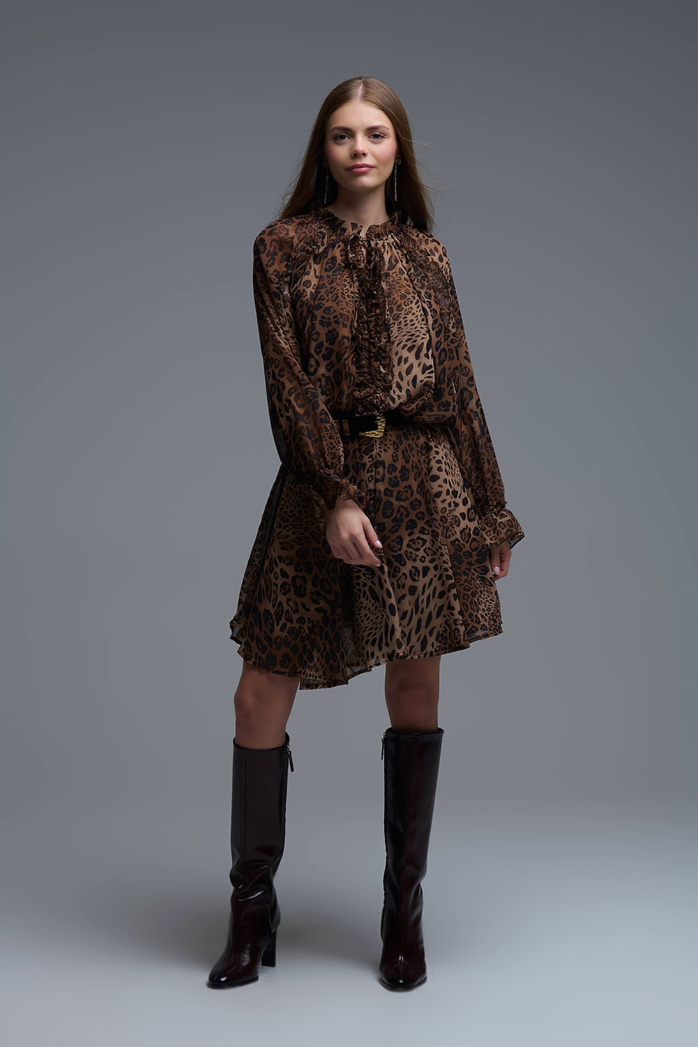 Leopard Print Chiffon Mini Dress with ruffle details