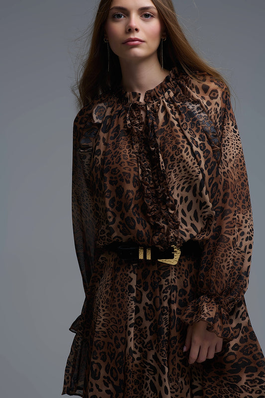 Leopard Print Chiffon Mini Dress with ruffle details