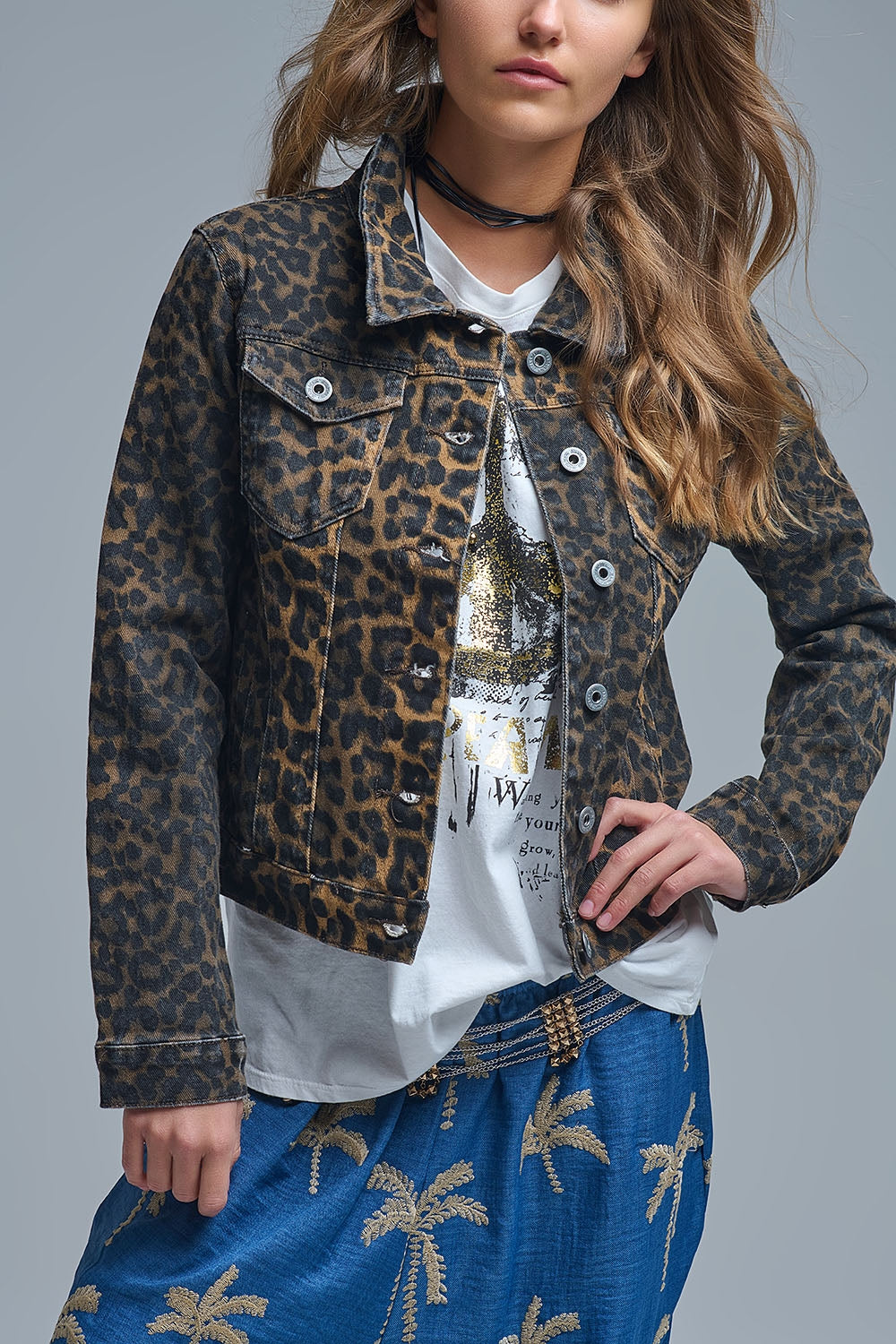 Leopard Print Denim Jacket in denim fabric