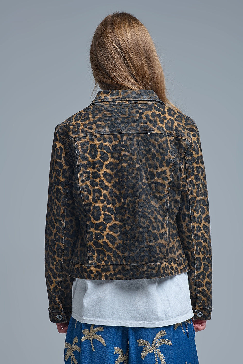 Leopard Print Denim Jacket in denim fabric