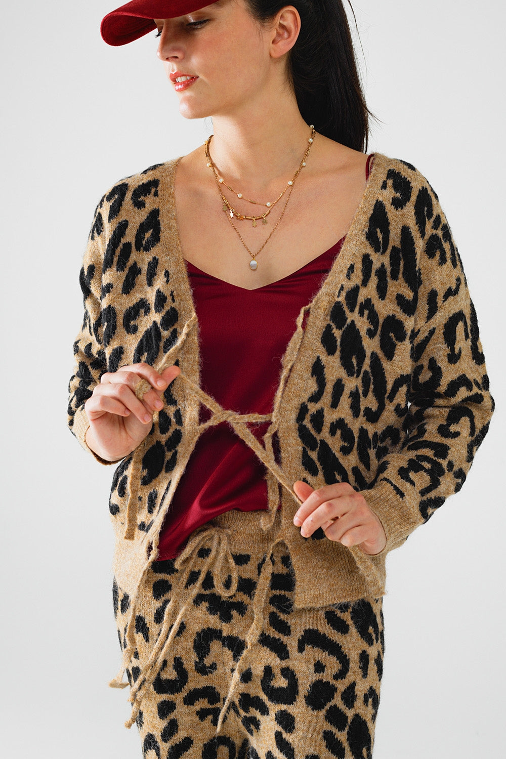 Cardigan de manga comprida com padrão leopardo e detalhe de laços