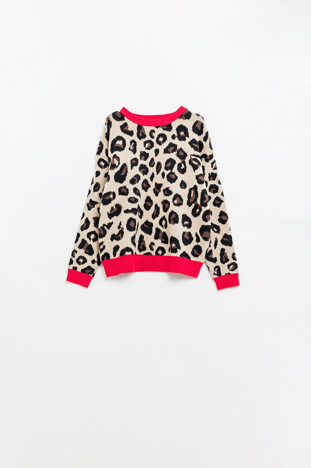 Camisola de leopardo com detalhe vermelho na gola e nas mangas